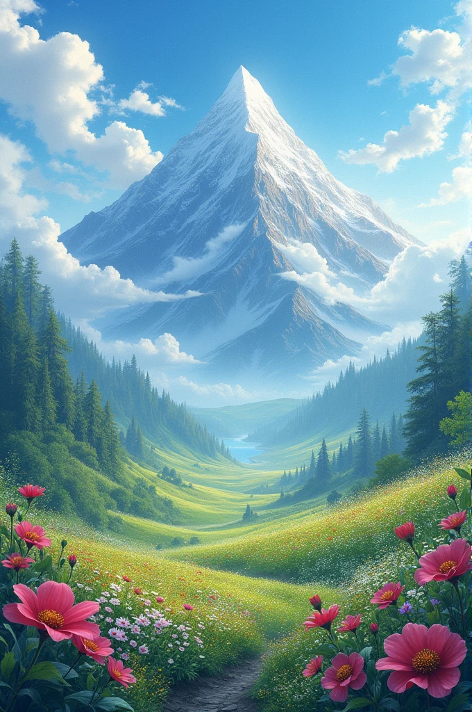 Beautifull valley filled with flowers and mountain with foogg and smoke and clouds