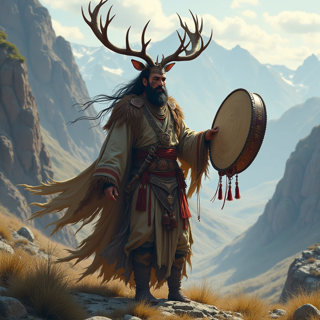 Queen mongolian. shaman deer antler clothing . shaman drum.