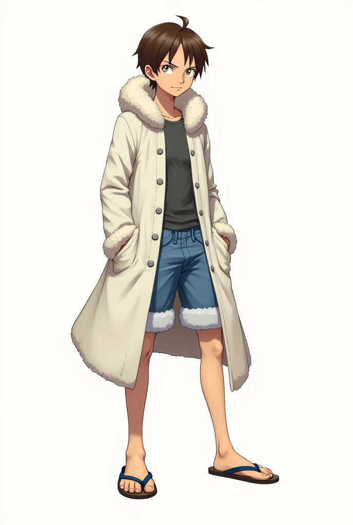 I wanted you to create an image for me , It would be a human in the One Piece model , about 20 years old ,with short brown hair , brown right eye , left eye is blind because of a thin scar that runs from the eye to the foot of the ear , wearing a thin white closed coat made of sheep's wool , with blue shorts and flip-flops