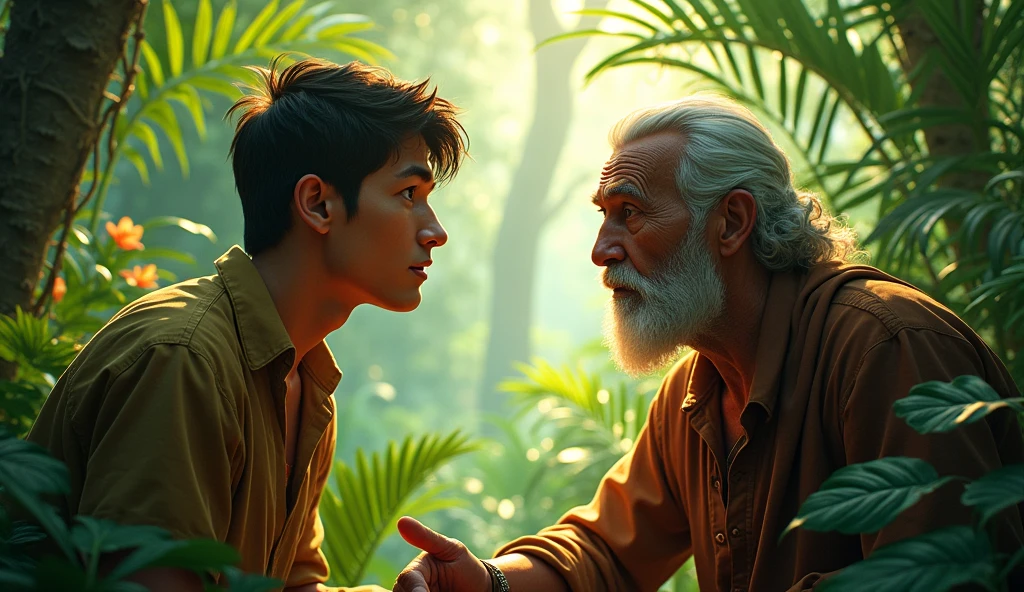 Young man asking the question to old man in jungle