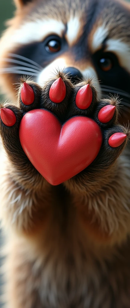 A stunning close-up of a raccoon's paw, masterfully sculpted with each pad intricately shaped into a heart. The paw is depicted with soft, fluffy fur that invites a sense of touch. The unique paw-heart design emanates warmth, love, and affection, capturing the essence of raccoons in a whimsical and endearing manner. This artistic expression is sure to delight and enchant raccoon enthusiasts around the world.