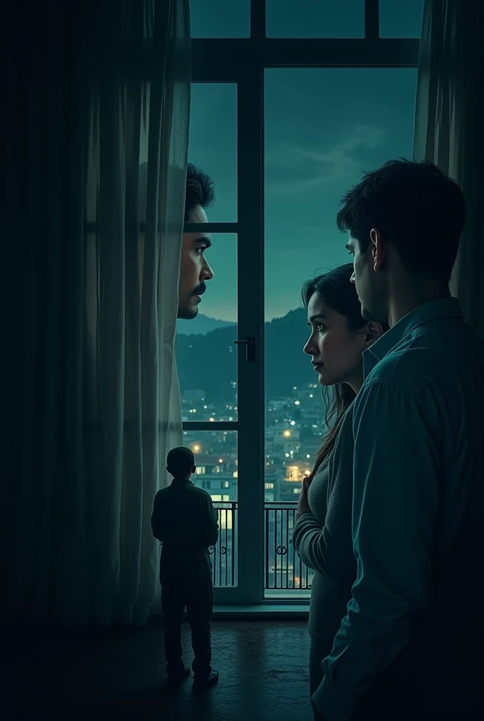 create cinematic, photo realistic film poster of a man and his wife peeping through curtain of a first floor window to someone outside at the gate, down below,  Darjeeling at night, city outskirts 