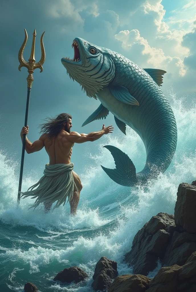 poseidon with his trident fighting fiercely with the titan of the ocean who has a human upper part and a fish lower part