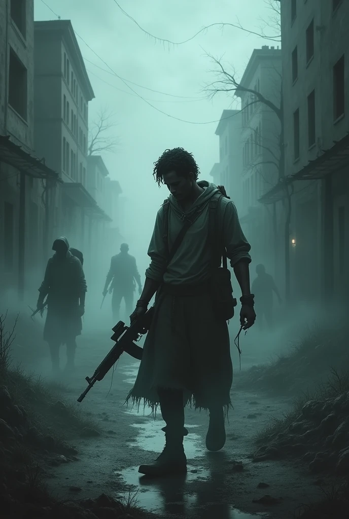 Make a Walking Dead style zombie book cover with a dark-skinned protagonist, The title :"The Mist Walkers"