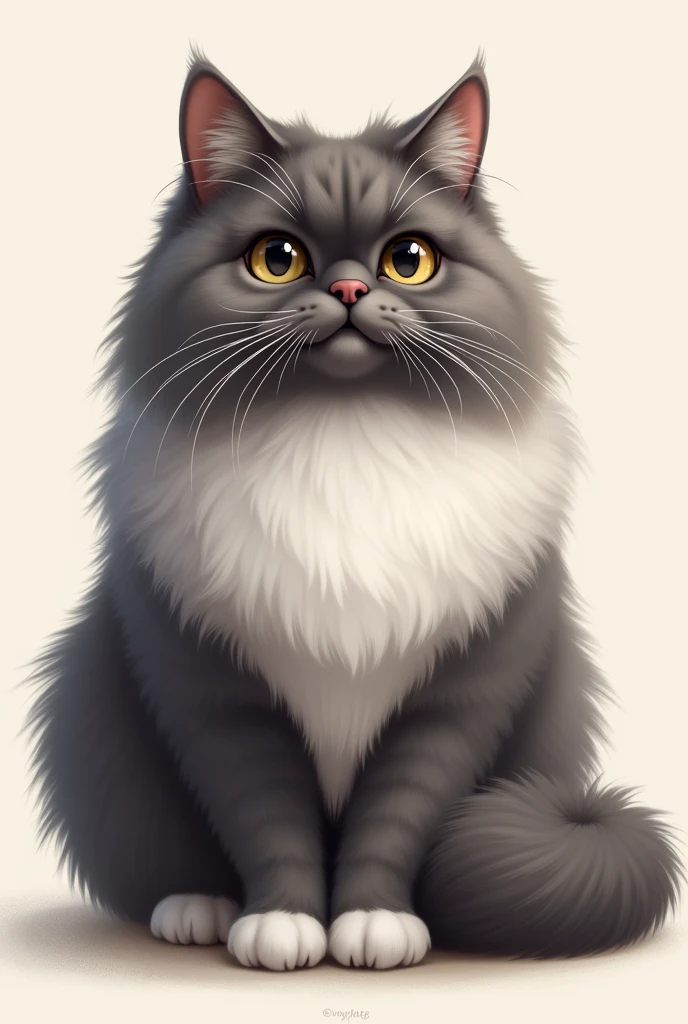 create a drawing of a cat in dark gray color, with white fur details, of the Persian race, long hair and loving look