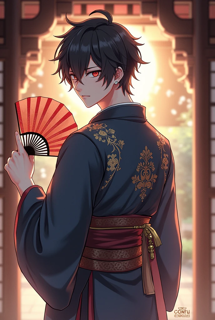 genshin impact Diluc in male japanese traditional costume, holding unopened fan near the face, with japanese traditional house as background while looking at camera from back view