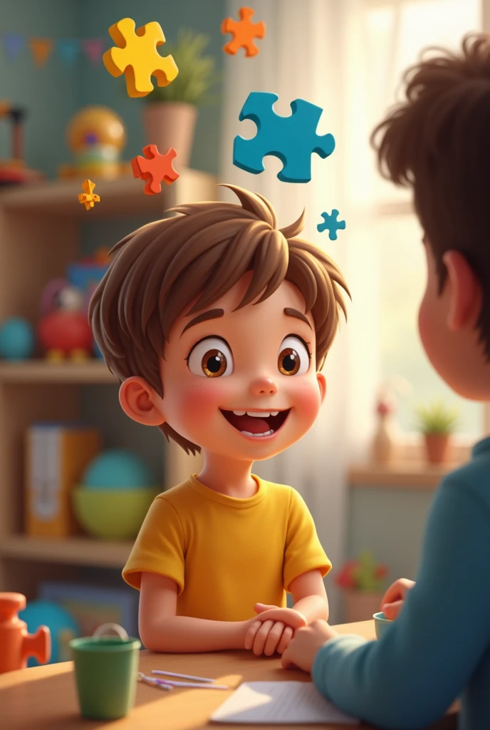 Boy light brown hair, bright light brown eyes, smiling without a lower right tooth, with colorful puzzle above his head, looking at a psychologist smiling and playing in a room with toys