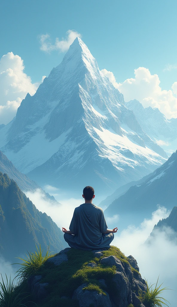 A serene, peaceful landscape with a person meditating alone on a mountain top, symbolizing inner peace and self-discovery."