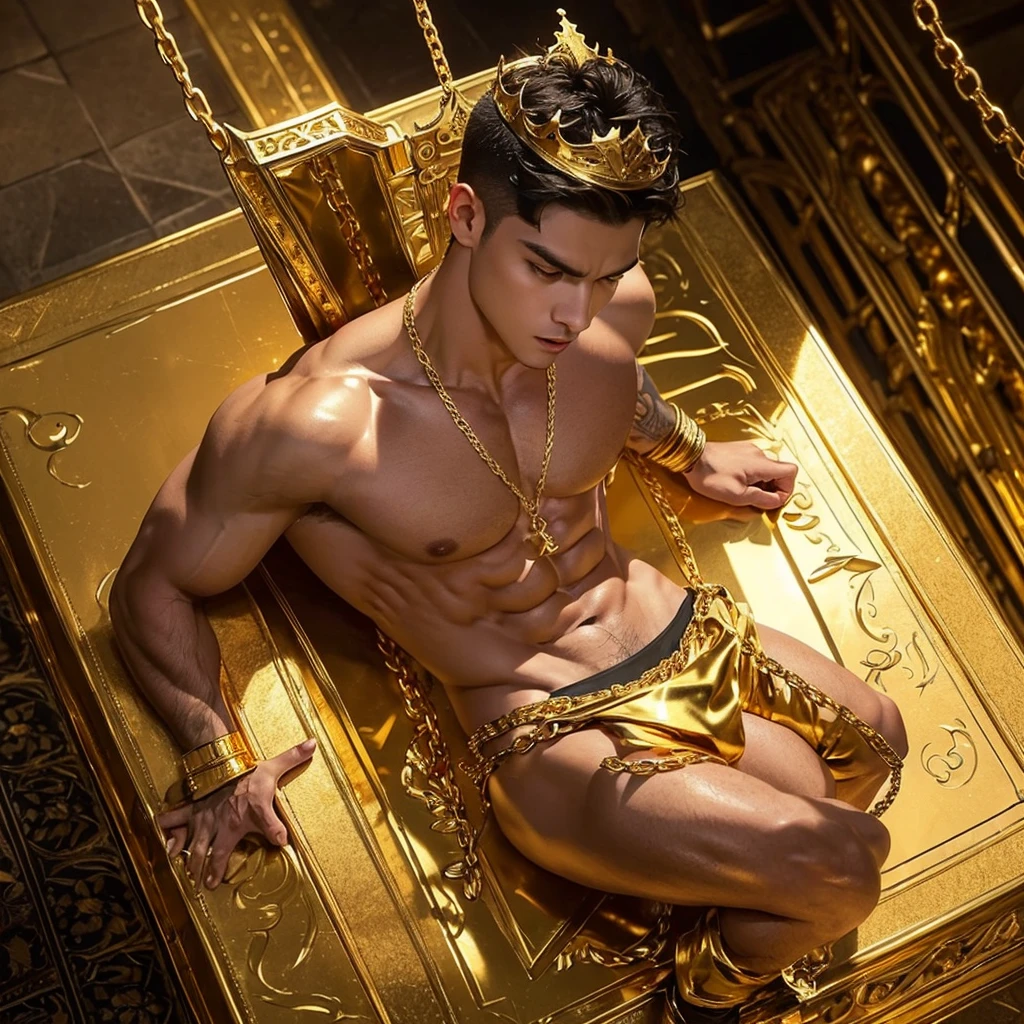 A muscular handsome young man is imprisoned in a darkest place, extremely muscular body, perfect body, large chest, largest pectorals, big nipples, well-defined abs, shiny smooth skin, Sexy gaze, (looking at the viewers romantically), sexy posture, he is bathed in golden sacred light coming from above, (a gold crown on his head, his body is shackled with gold chains, hands and neck are shackled with golden chains, a pair of angelic golden colour wings on his back, full tattooed body, a voluptuous golden brief, (bulge: 1.2)). He has short black hair. This scene looks like something out of the realm of fantasy or legend seen from above, (full body view),