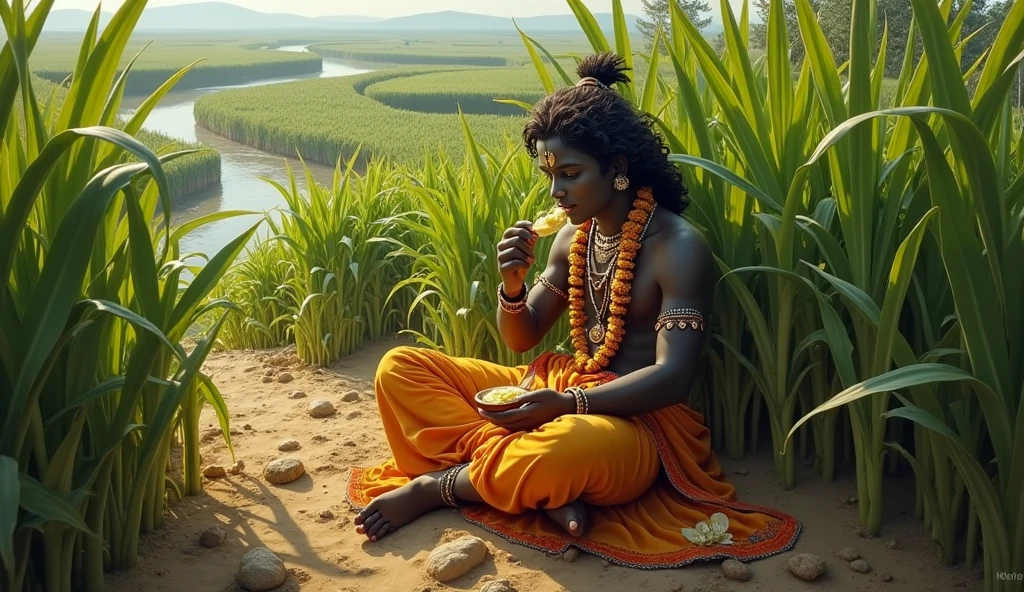 (Masterpiece) (highly detailed) Realistic1.6 krishna eating makhan in sugarcane field aerial view