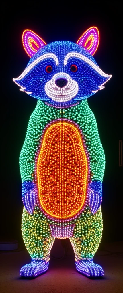 A striking, high-resolution photo of a life-sized raccoon sculpture crafted from thousands of vibrant, colorful LED lights. Each section of the raccoon's body is a different color, creating a mesmerizing, multicolored pattern. The raccoon's head is adorned with a regal blue hue, while its ears are covered in a dazzling, swirling rainbow. The raccoon's body is filled with an intense orange light, and its legs are accentuated by a striking green glow. The background remains completely black, allowing the illuminated raccoon to stand out prominently in the scene, casting a captivating aura., photo