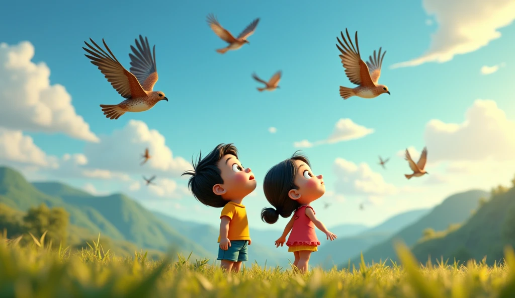 3d pixar animation style of A PAIR OF CHILDREN FROM EL SALVADOR OBSERVING THE SKY THROUGH WHICH BIRDS OF MANY TYPES AND SPECIES FLY, Among them: PARAKEETS, SENZONTLES, TOROGOCES, loras, GUARAS, GUACALCHIAS, WOODPECKER, BROWN EAGLES, HAWKS