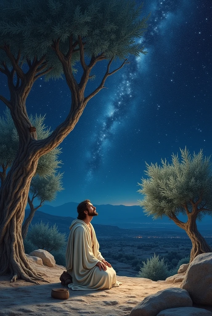a drawing of Jesus praying at night on the Mount of Olives, Jesus must be looking at the sky and the night must be starry and Jesus is on his knees around many olive trees