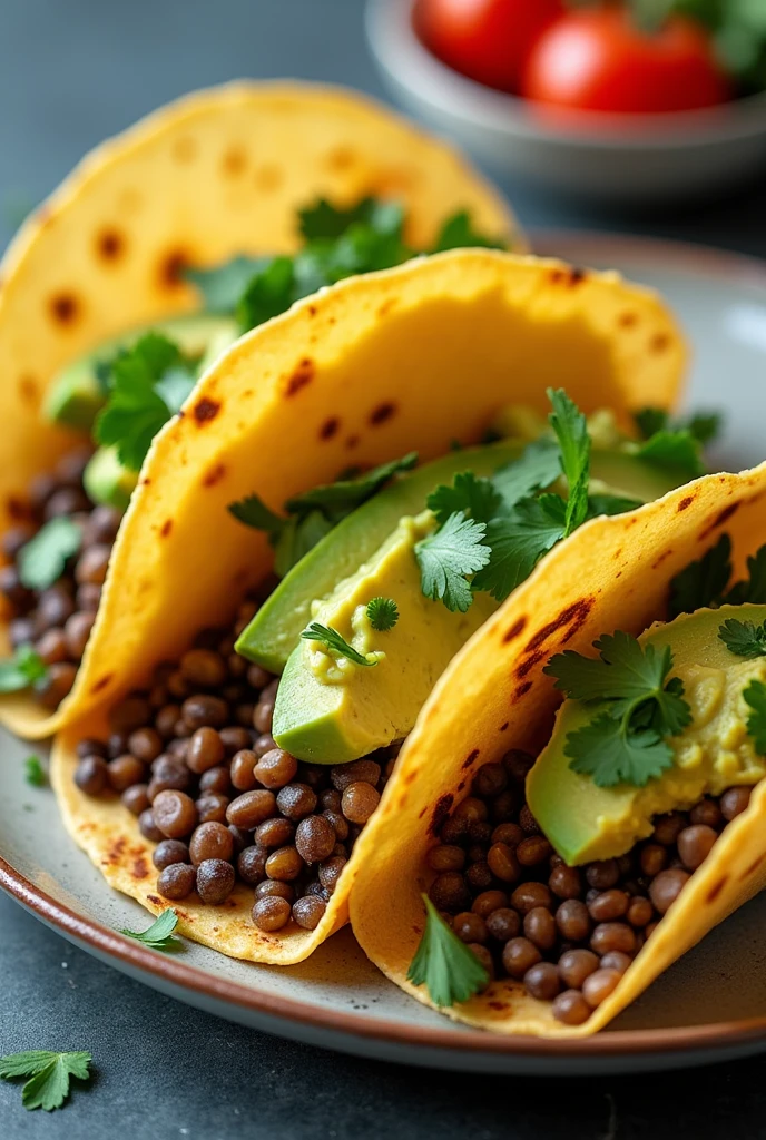 Create an image of this recipe: Lentil Tacos with Avocado Salsa Ingredients:

- Cooked lentils: 200 g - Corn tortillas: 4 units - Avocado: 1 unit (ca.. 150 g)
- Lemon: 1 unit
- Cilantro fresco: 10 g - Olive oil: 10 ml
- Sal: 5 g - Pepper: 2 g Preparation:

1. In a frying pan, Heat the olive oil and cook the lentils until they are warmed through. Season with salt and pepper.

2. For the avocado sauce, Mash the avocado with the lemon juice and add chopped fresh cilantro.

3. Heat the tortillas in a frying pan or in the oven..

4. Fill the tortillas with the lentils and avocado sauce..

5. Serve hot with a side of fresh vegetables or salad..
