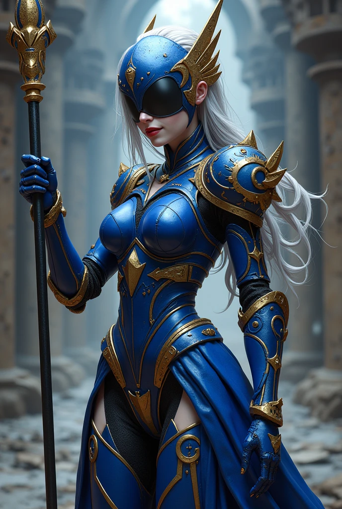 (Lenneth;2B), (merge characters "2B" and "Lenneth":1.37), solo, 1girl, BREAK: hip-length silver hair in a loose braid, (damaged armor), (full body armor), ((gold trimmed sapphire blue mechanical armor)), (boob window:1.27), armored midriff, (blue plate armor helmet), black blindfold covering eyes under helmet, armored (thigh cutouts), ((long tattered loin skirt)), armored flat-heeled boots, gold and silver mechanical wings, BREAK: in fighting poses, holding spear (glows with runes:1.32), light smile, BREAK: deep dungeon interior setting, BREAK: beautiful lips, gorgeous pale skin, best hands, insanely detailed, photorealistic masterpiece, best quality, sharp background details