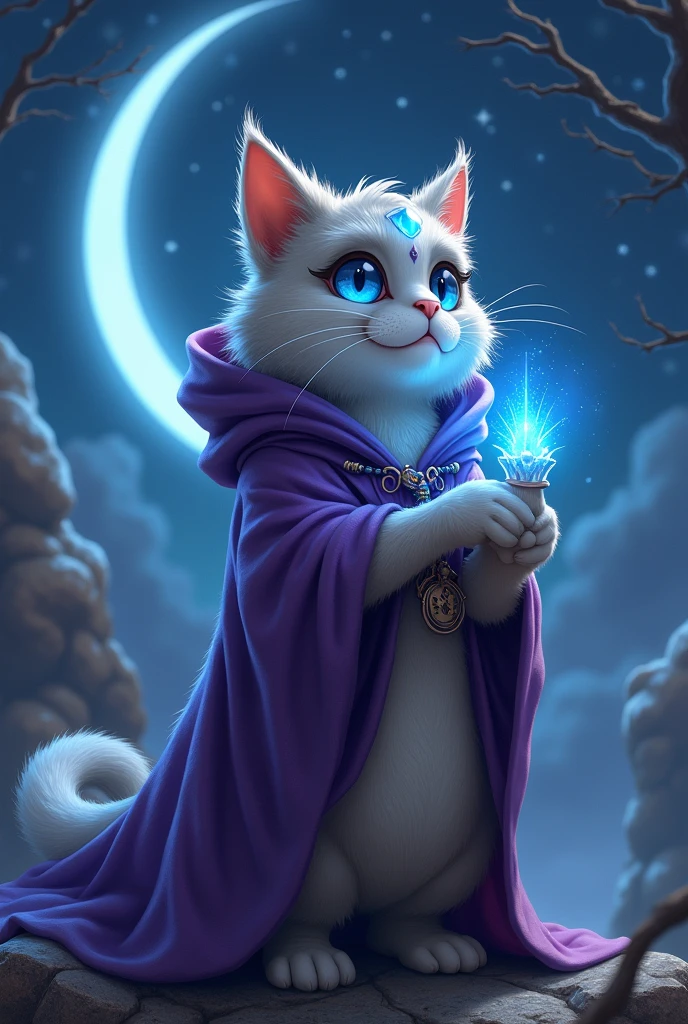 Blue British short-hair cat , gray cat , fat cat , chubby cat, female cat, blue eyes, fluffy fat British short-hair cat , tabaxi, female humanoid cat, dungeon and dragons, purple magician hoodie cloak, fantasy, moon ,night,stars, magician female cat, half moon gem on forehead, blue moon crystal on cat forehead, beautiful gray tabaxi