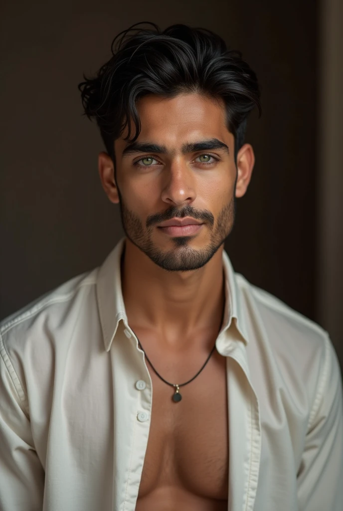 Saudi Instagram Model, his name is Omra , ultra realistic, realism, very detailed, corps incroyable, charming beauty, traits du visage plus sexy, Perfect beauty, 28 ans, yeux verts, brun, brill, SFW, aesthetic teeth, he is wearing a linen shirt with the first 2 buttons of the shirt open,During a photoshoot at the photo studio