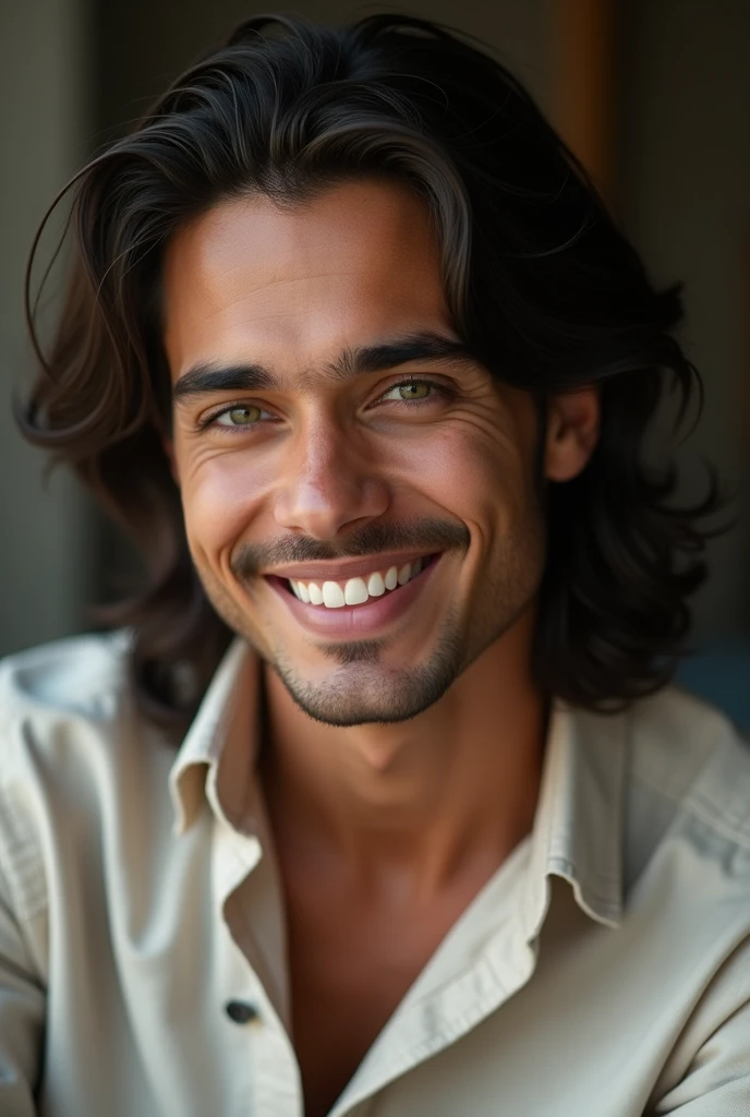 Saudi Instagram Model, his name is Omra , ultra realistic, realism, very detailed, corps incroyable, charming beauty, traits du visage plus sexy, Perfect beauty, 28 ans, yeux verts, brun, brill, SFW, aesthetic teeth, he is wearing a linen shirt with the first 2 buttons of the shirt open,During a photoshoot at the photo studio