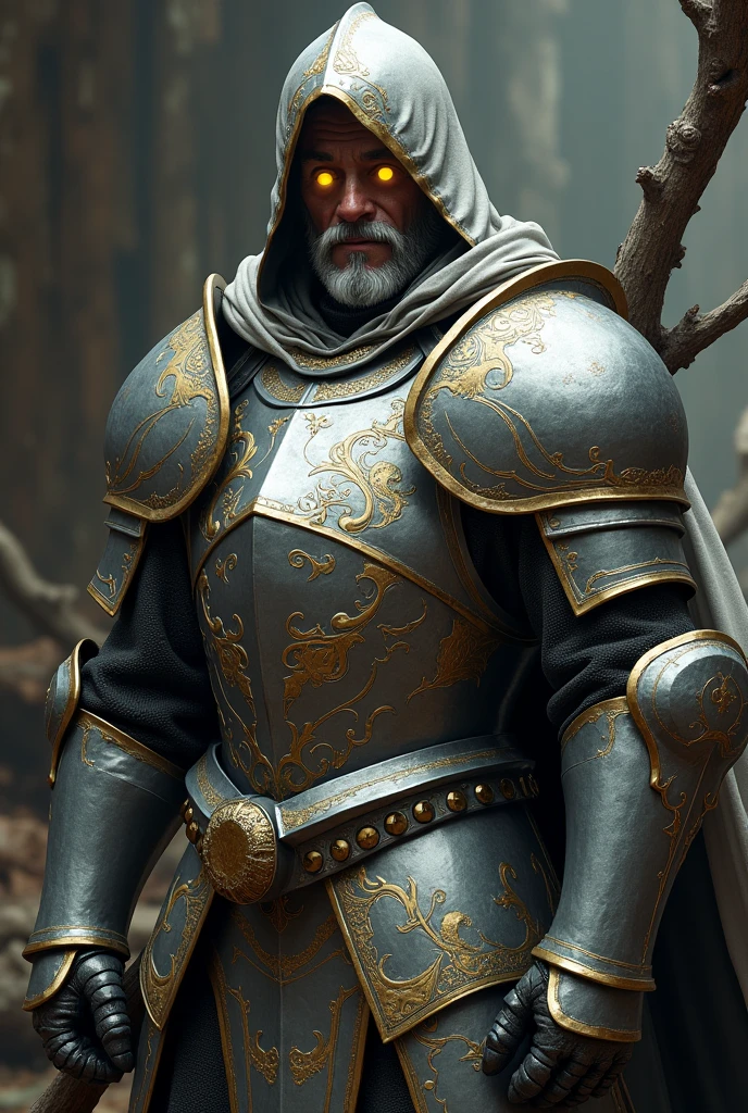 Middle-aged knight in shiny broad armor, silver plated with gold filigree, covered by layer, head covered by hood, black skin, medium short silver hair, short silver beard, golden eyes that emit light, leaning on a stick that looks like a branch
