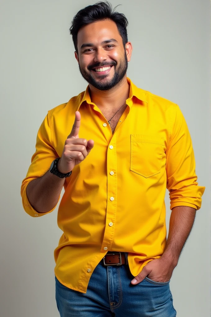 Amaury Vergara with a yellow shirt and jeans smiling and pointing with his index finger