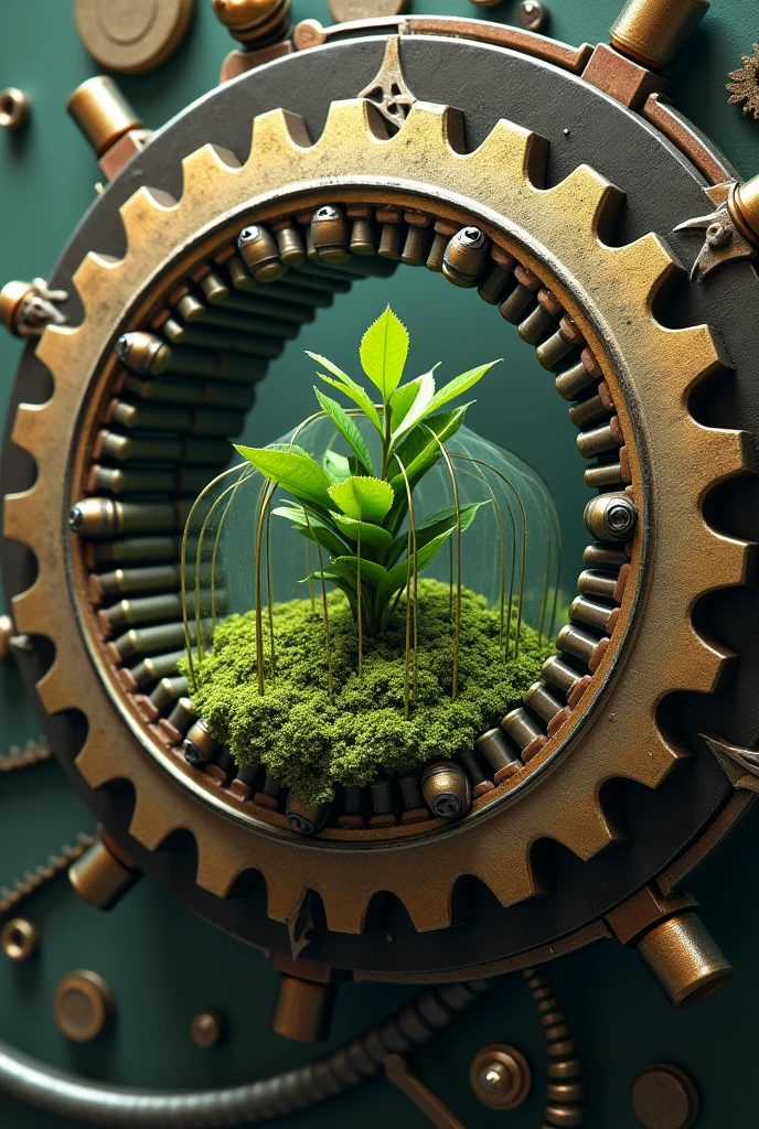 Half gear, on the inside, where a greenhouse emerges from the inside with a single plant in the center, in a color mix between moss green and olive green