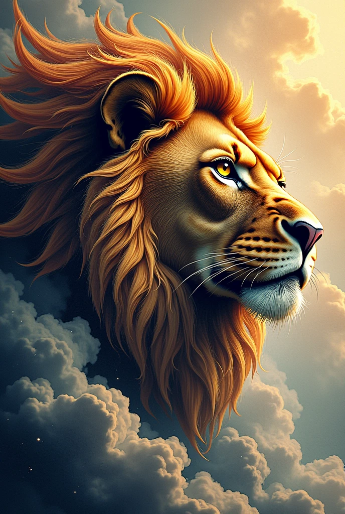 Tatoo lion head looking for thé Sky with hawk plums in the Mane. he is in the wind
