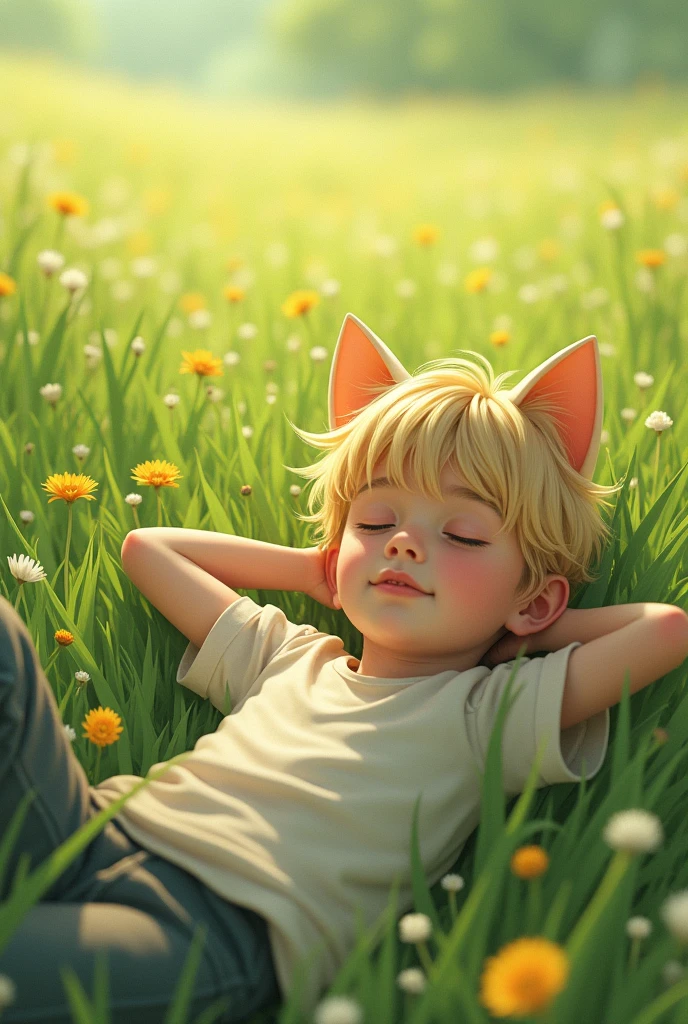 Blonde boy with cat ears, laying on grass, field, arms behind his head
