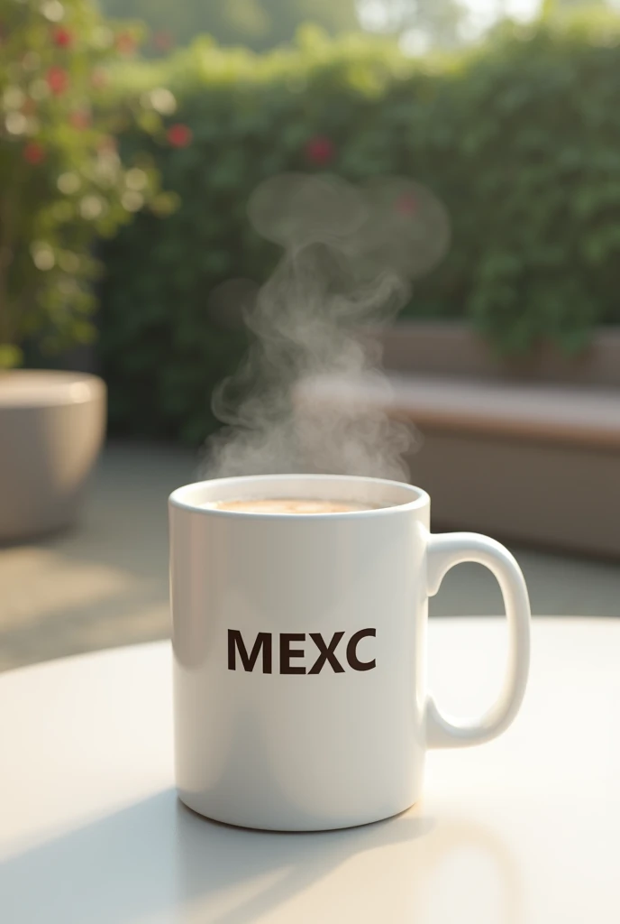 Create an image of a white mug with the exact text MEXC on it, identical to the original image. The mug should be filled with a frothy beverage, like coffee, and placed on a light-colored table. The background should be outdoors with a blurred effect, showing a garden or patio area. The text and overall appearance should be indistinguishable from the original