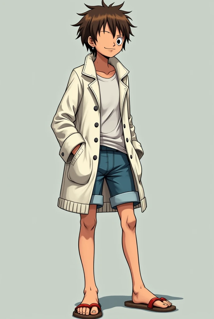 I wanted you to create an image for me , It would be a human in the One Piece model , about 20 years old ,with short brown hair , brown right eye , left eye is blind because of a thin scar that runs from the eye to the foot of the ear , wearing a thin white closed coat made of wool that fits snugly , with blue shorts and flip-flops 