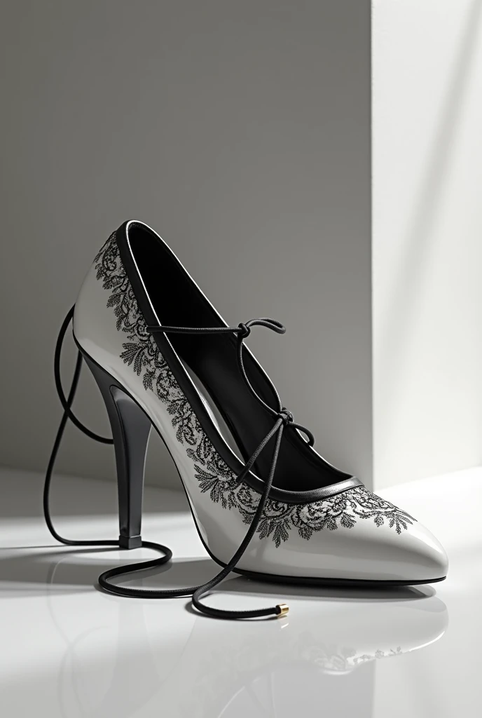 A luxurious black and white pump with a lace-up heel and delicate details on the front. Show on foot. 