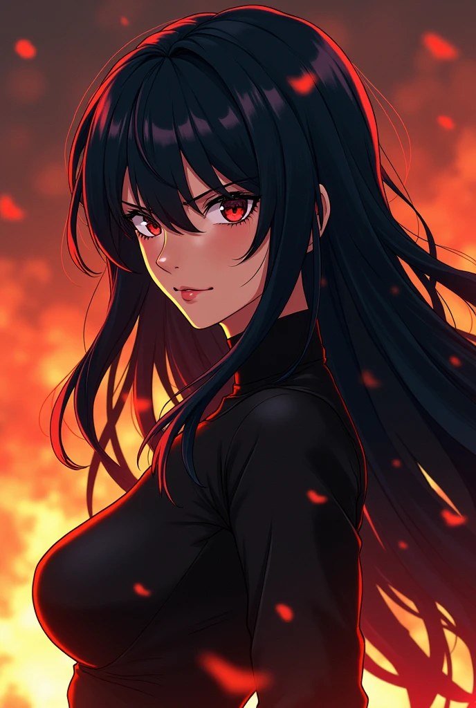 Dessin de femme anime badasse au cheveu noir dans une ambiance chaude pour une photo de profil