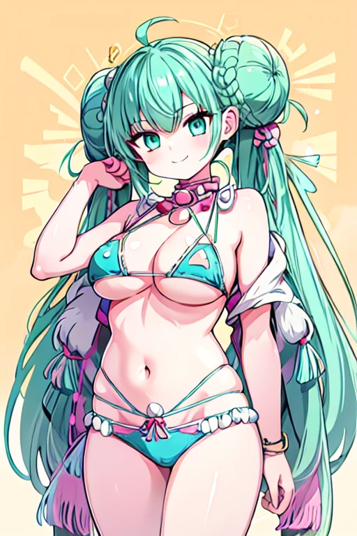 aqua eyes, aqua hair, crossed bangs, hair between eyes, long hair, twintails, female aztec, beautiful, evil smile, medium breast, tuft, bare legs, bare shoulders, bare arms, bikini, tribal feathers, tribal beads, tribal ornaments, ancient aztec oufit, thong, sexy, sexy pose, hair accessories, hair gold accessories, gold accessories, evil face,