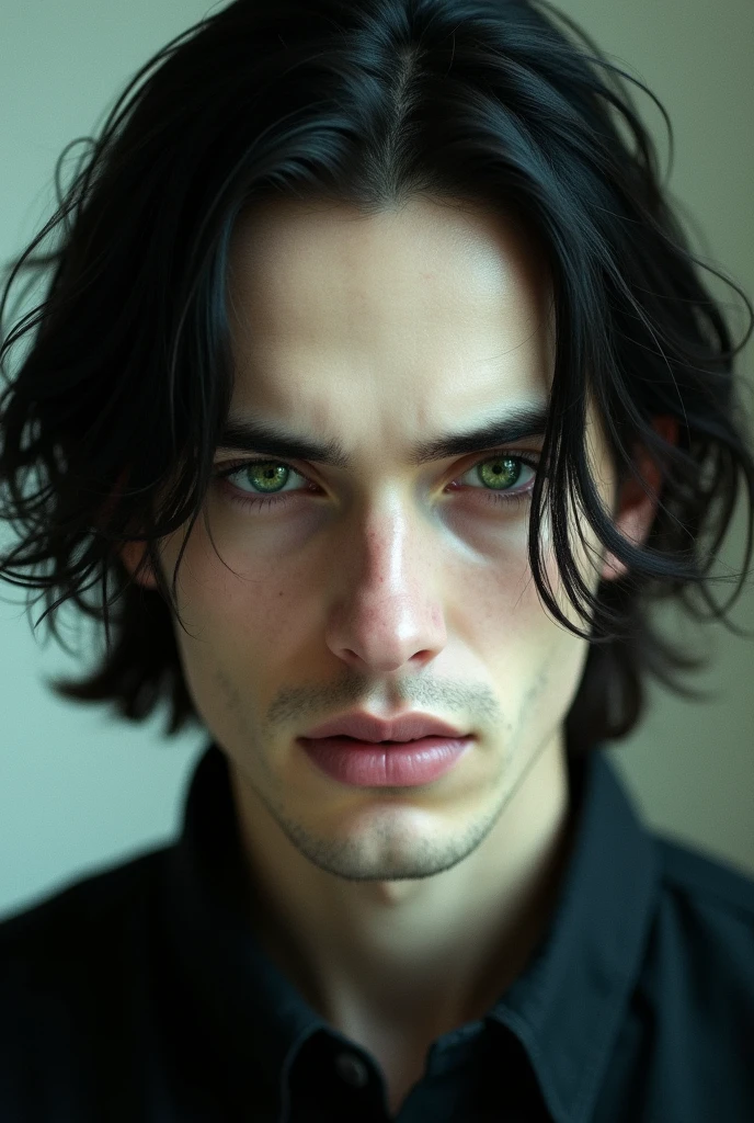 Man with white skin and green eyes, with shoulder-length wavy black hair 