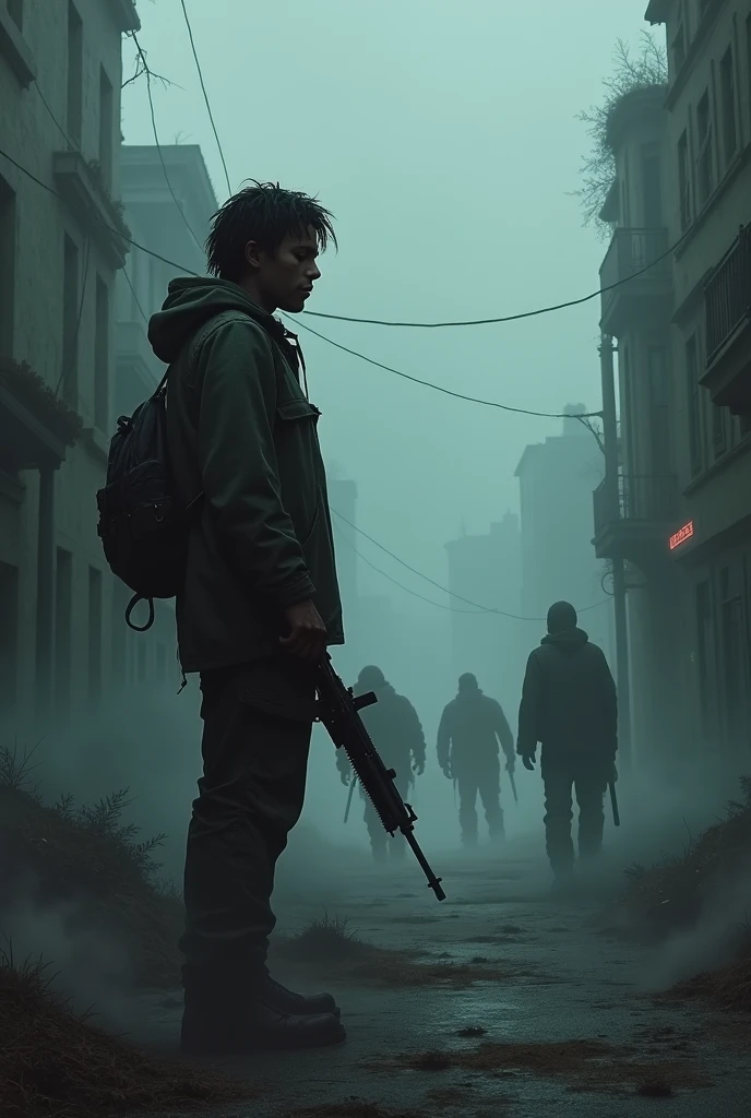 Make a Walking Dead style zombie book cover with a dark-skinned protagonist, The title :"The Mist Walkers"