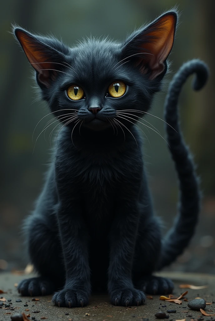 Black cat with a long monkey-like tail, big ears, very hairy and medium-sized