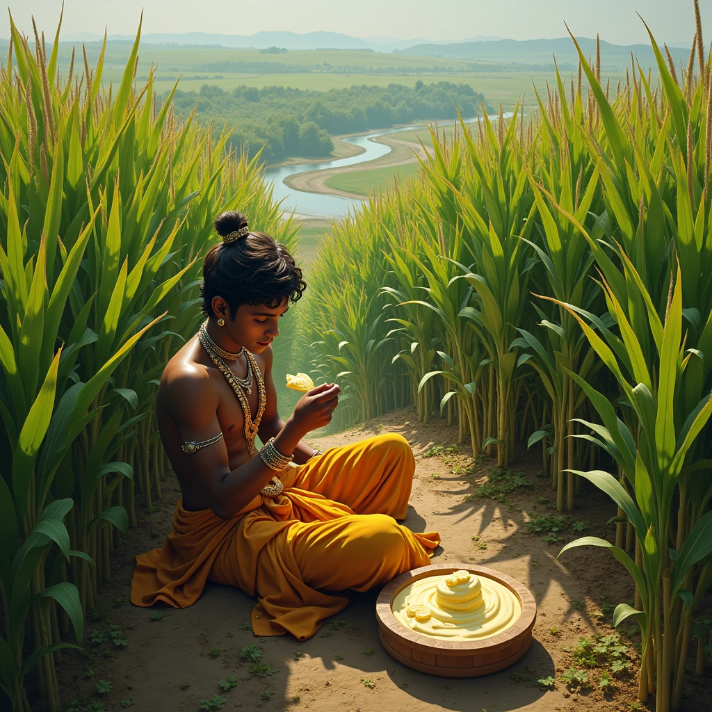 (Masterpiece) (highly detailed) Realistic1.6 krishna eating makhan in sugarcane field aerial view 