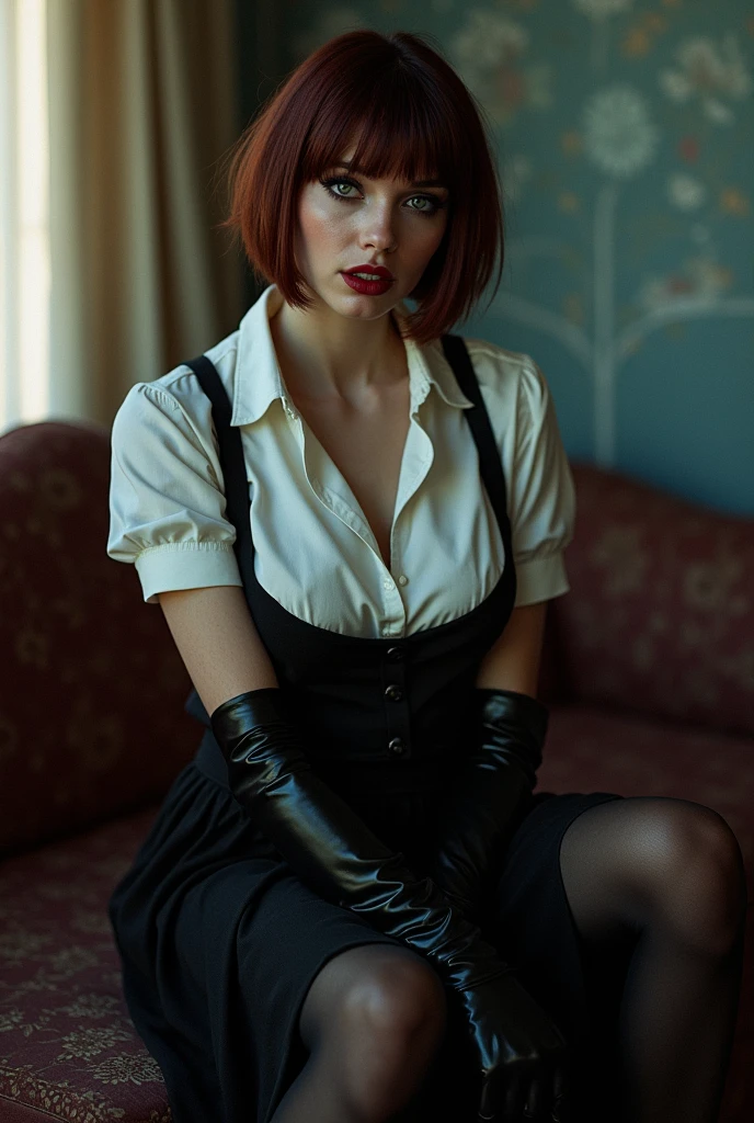 professionally color graded photograph. Fetish. Erotica A sexy, busty Ukrainian woman. with short dark auburn paige cut wig. smoky eyeshadow. black eyeliner. deep red lips. Winter evening. Wearing white blouse with collar and short sleeves. cleavage. wearing black Knee length pleated skirt. wearing nylon pantyhose. black high heel shoes with ankle straps. (wearing black rubber dress apron over blouse). (Wearing aimpit length shiny black latex gloves). tightly fitted gloves, no wrinkles. Arms completely covered in black latex gloves. Sitting demurely on sofa, inside old apartment in Russia. Lights turned off. Light from window. (view from front). POV eye level. (smiling shows vampire fangs). Eye contact. ektachrome, 50mm lens. accurate proportions
