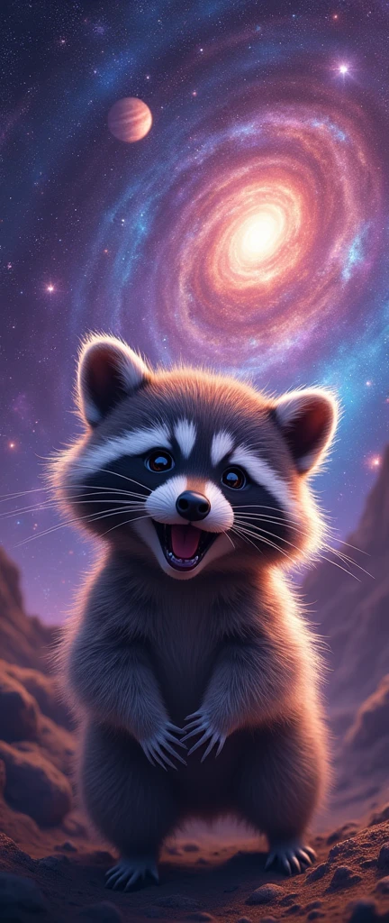 A captivating, dynamic view of a cute and extra fluffy baby raccoon growling, its furry face filled with adorable innocence. Set against the backdrop of an awe-inspiring 3D render of a phone case design, the case features intricate swirling galaxies and cosmic elements. The design incorporates a myriad of stars, planets, and nebulae, all seamlessly integrated into a sleek and modern case shape. The vibrant blend of purples, blues, and golds creates a mesmerizing interstellar effect. This phone case is perfect for space enthusiasts and trendsetters who appreciate both style and substance. The entire scene is brought to life with illustration, 3D render, photo, and conceptual art elements, creating a stunning wildlife photography-inspired poster., poster, photo, conceptual art, illustration, wildlife photography, 3d render