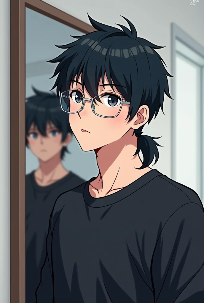 Anime gamer guy, stubble, dark haired mullet haircut, wearing square silver glasses, wearing a black sweatshirt taking a mirror selfie 