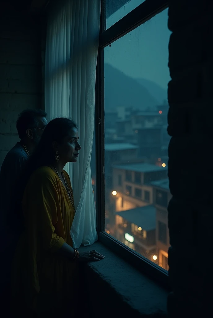 create cinematic, photo realistic film poster of a man and his wife peeping through curtain of a first floor window to someone outside down below, Darjeeling at night, no other houses in the vicinity, suspicious
