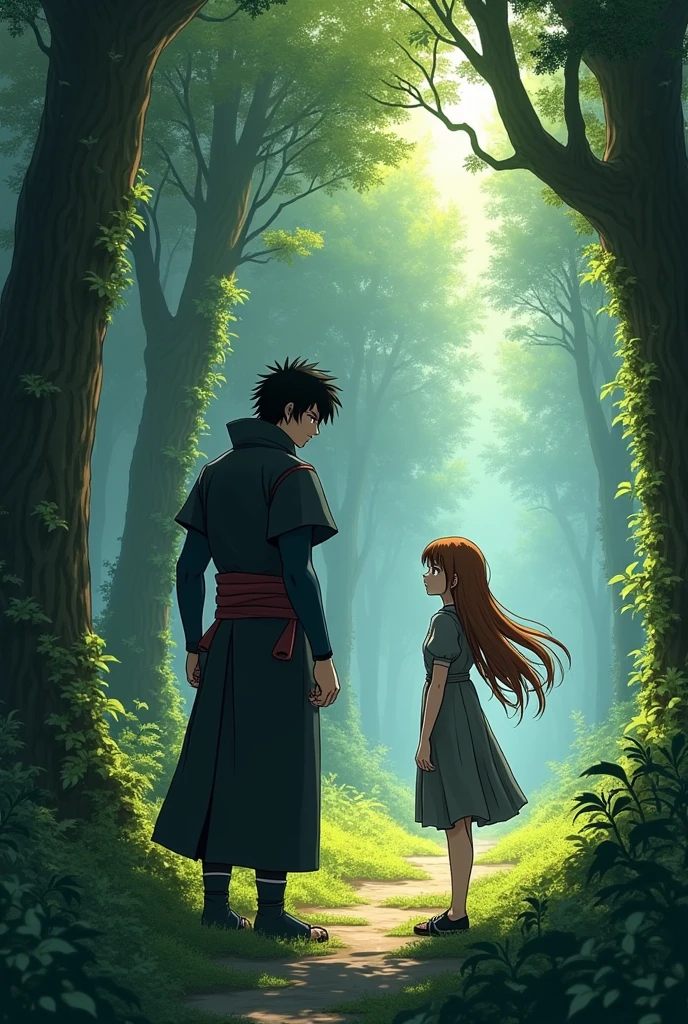 Sasuke and a brown-haired girl in a forest
