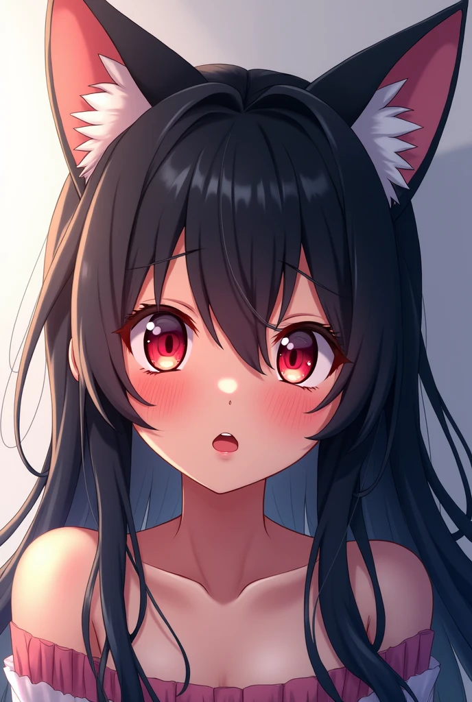 Anime girl with long black hair, red eyes, cat ears, red with shame 