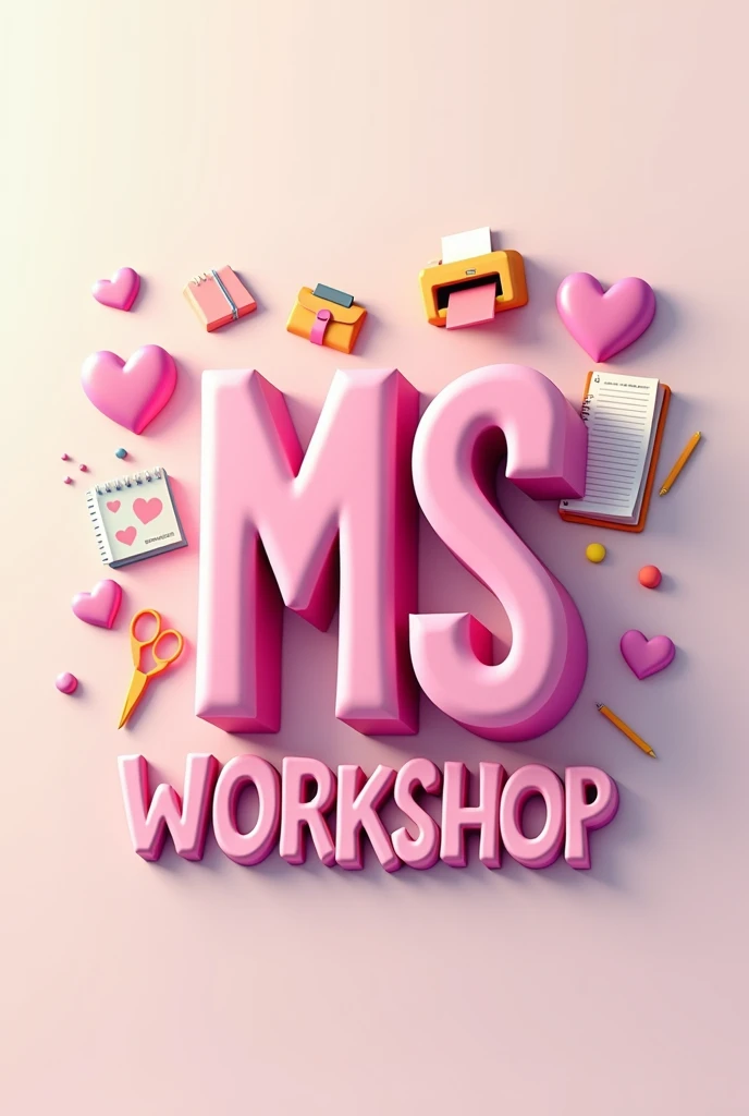 Create a logo with vibrant colors, Pastel colored background with the initials MS in pink 3D, with the name " Creative and Artisan Workshop" below the initials, with printer drawings, agendas, scissors and several pink hearts. Pixar animation style 