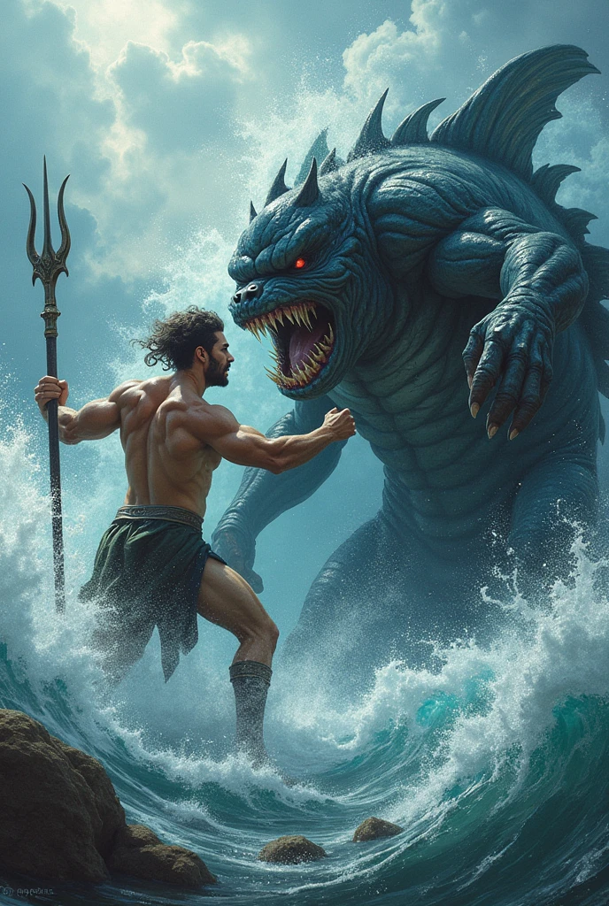 Poseidon with his trident fighting fiercely with the titan of the ocean who has a human torso and a fish lower part 

