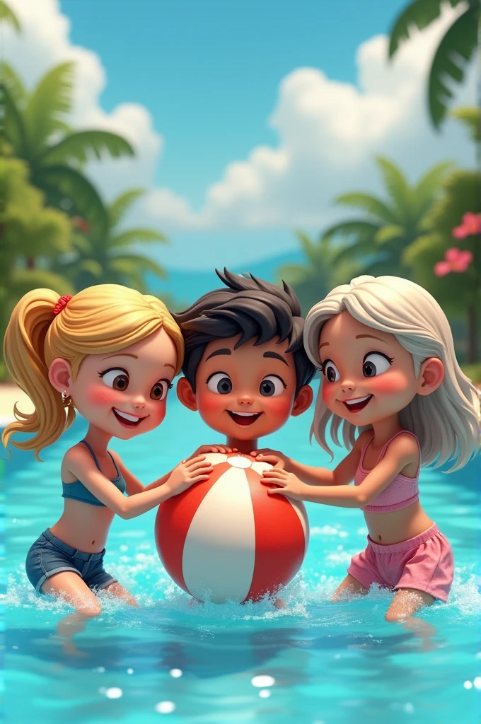 A aft British girl , an Chinese boy , an Indian girl with short hair straight light skinned and 1 Indian girl with wavy hair mid light skinned playing in the pool with an inflated ball in a pool on the beach