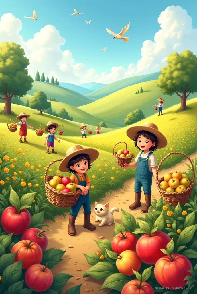 peasants with lots of fruit in the field, cute drawing for kids