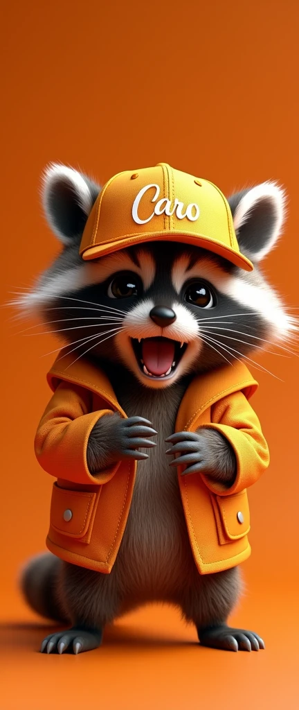 A captivating 3D render of a cuddly baby raccoon, playfully growling while displaying its irresistible cuteness. The raccoon wears a luxurious gold baseball cap with the name "Caro" written in elegant calligraphic script. The cap boasts a bold orange ribbon, creating a striking contrast against the golden hue. A vibrant deep orange background complements the design, making it perfect for illustrations or posters with a cinematic flair. This conceptual art piece masterfully combines wildlife photography, typography, and fashion, offering a unique blend of design elements., wildlife photography, 3d render, photo, conceptual art, poster, typography