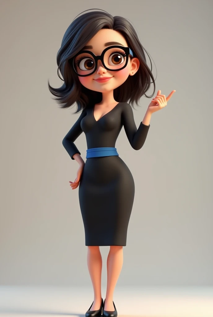 A full body 3D cartoon character. She has a friendly and charismatic appearance. The character is a young woman with fair skin, loose dark brown hair, thick eyebrows, large brown eyes and wears glasses. She is smiling confidently. The character is dressed formally, wearing a black dress with a blue sash at the waist. She has her hand raised to her side. Your posture and relaxed posture suggest confidence and ease. The background of the image is neutral, which highlights the character even more.