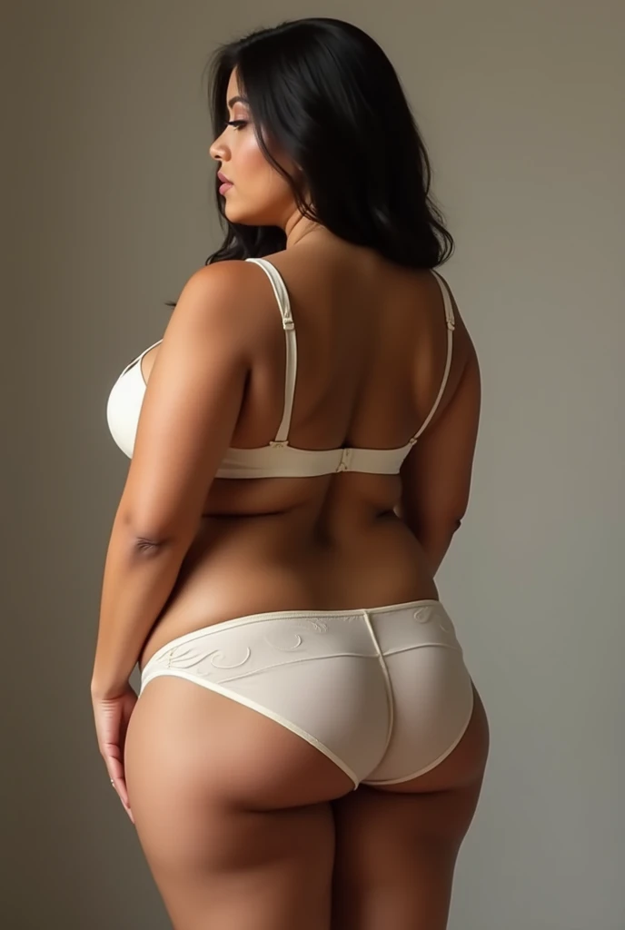 woman with her back turned to her fat back with the fat from her bra on display