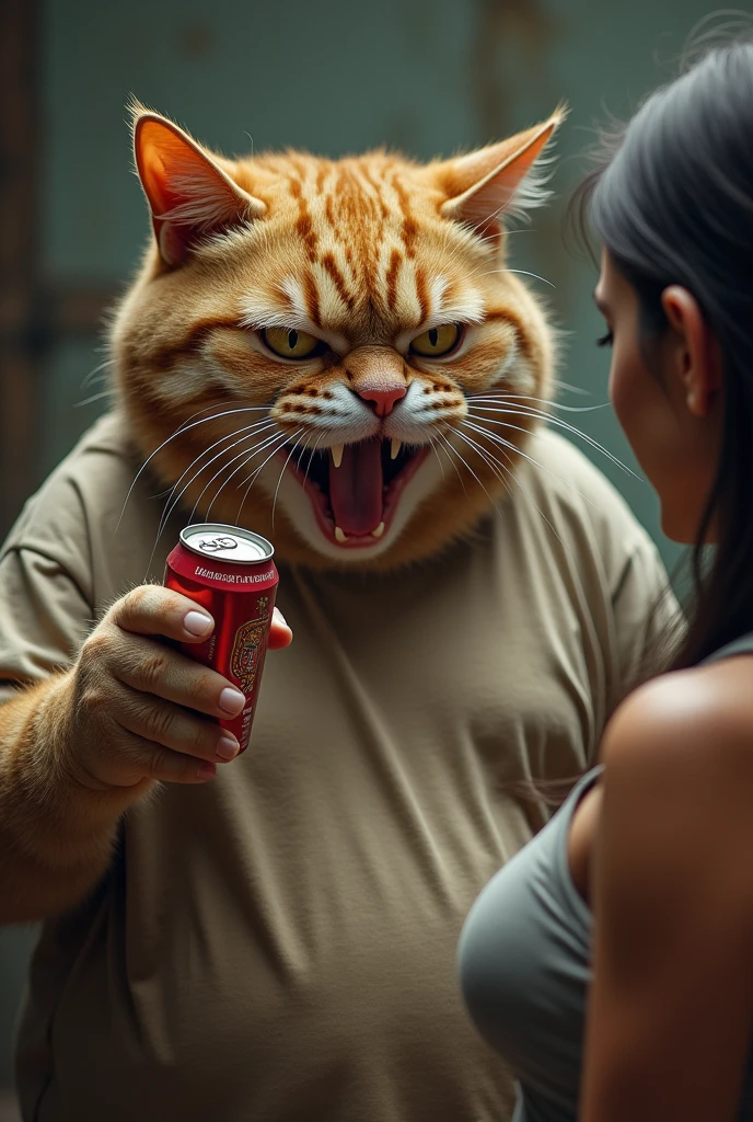 fat cat, yells at Elena, with a beer in hand, in a dirty T-shirt
